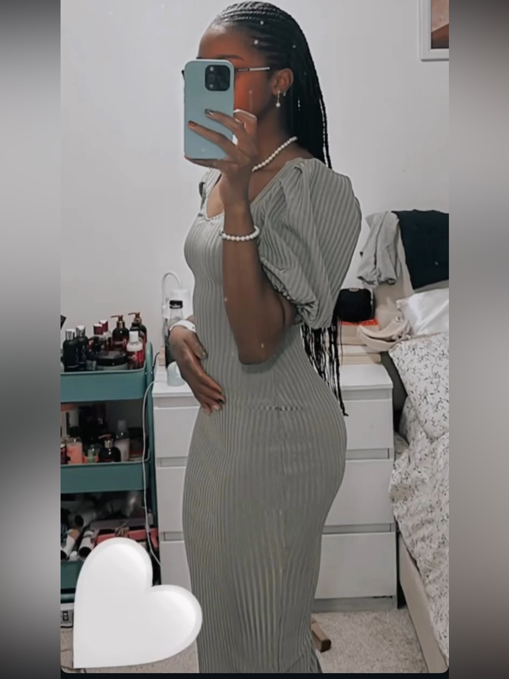 Women’s Sage Green Striped Puff-Sleeve Midi Dress